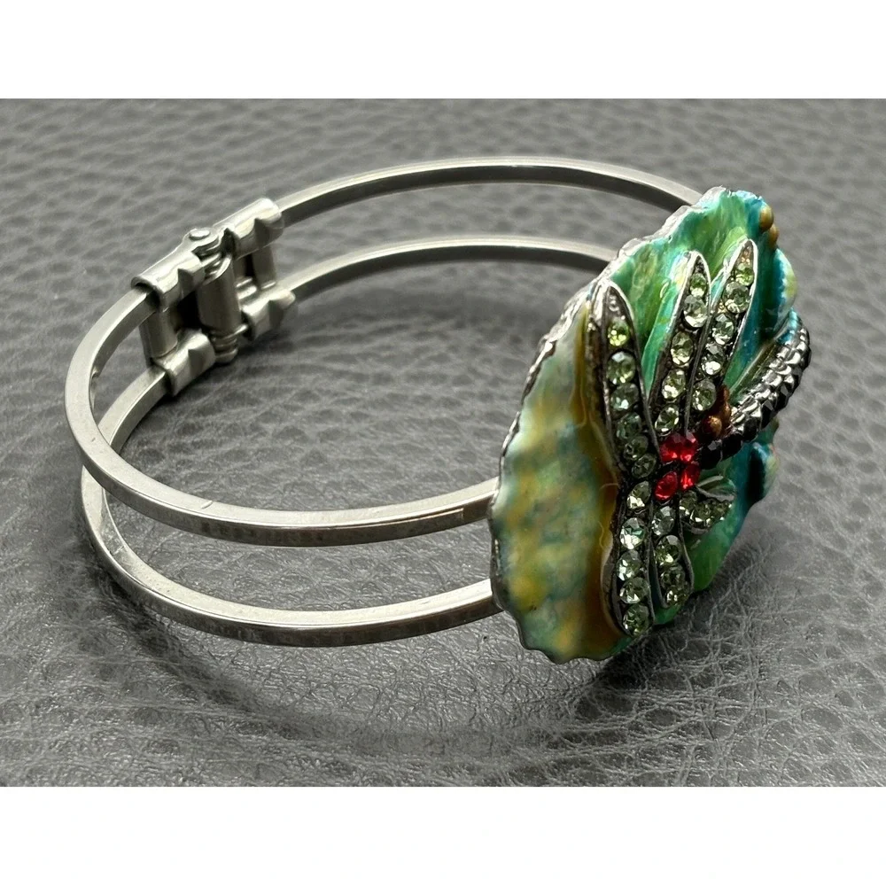 Vintage Tropical Palm Tree Clamper Bangle Enamel Rhinestone Beach Bracelet 7.5